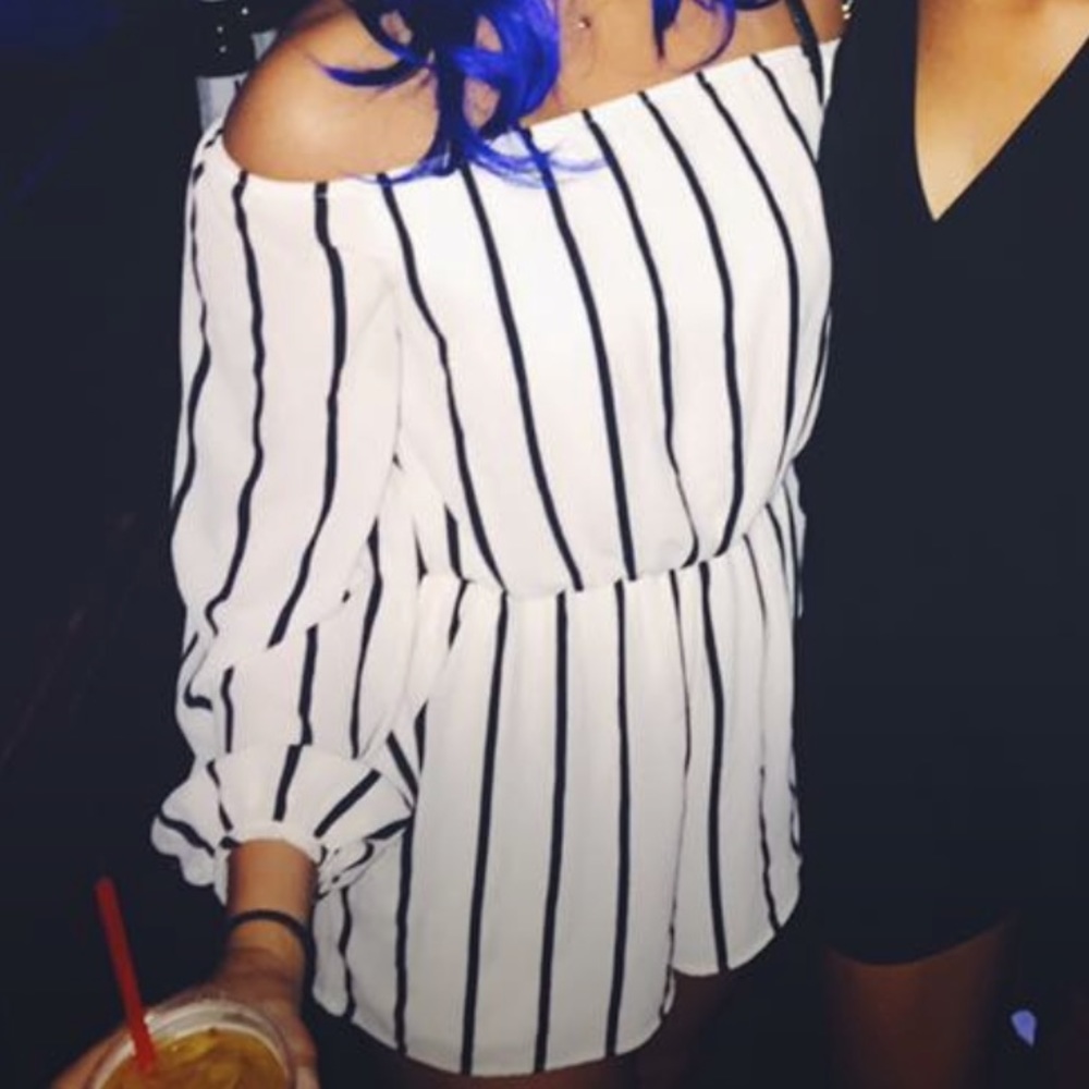 Off the shoulder black & white striped romper